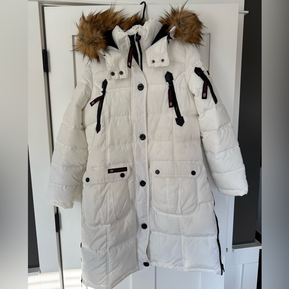 Women's White Puffer Coat with Faux Fur Hood